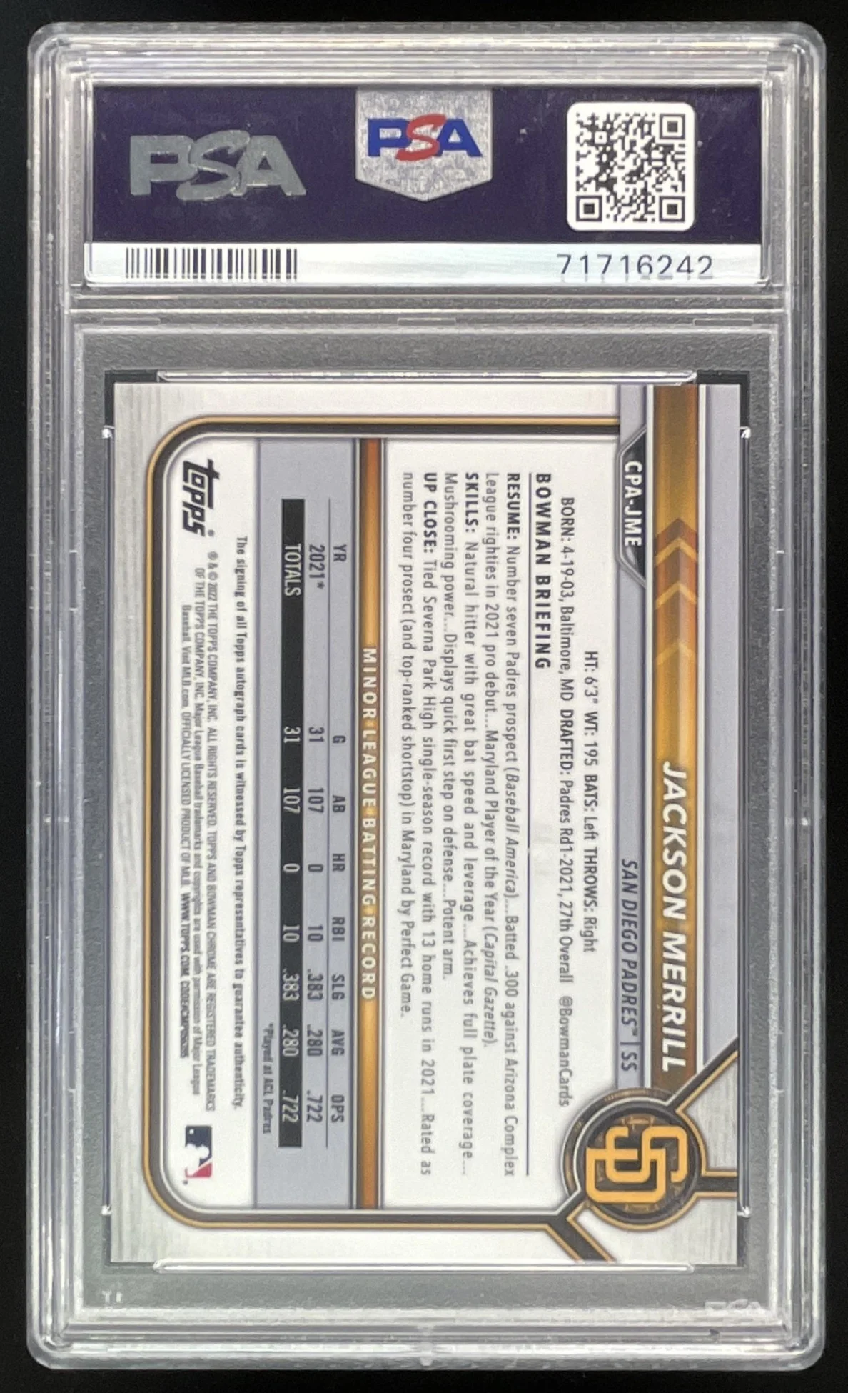 2022 Bowman Chrome Prospect #CPA-JME Jackson Merrill Auto PSA 10 - Image 2