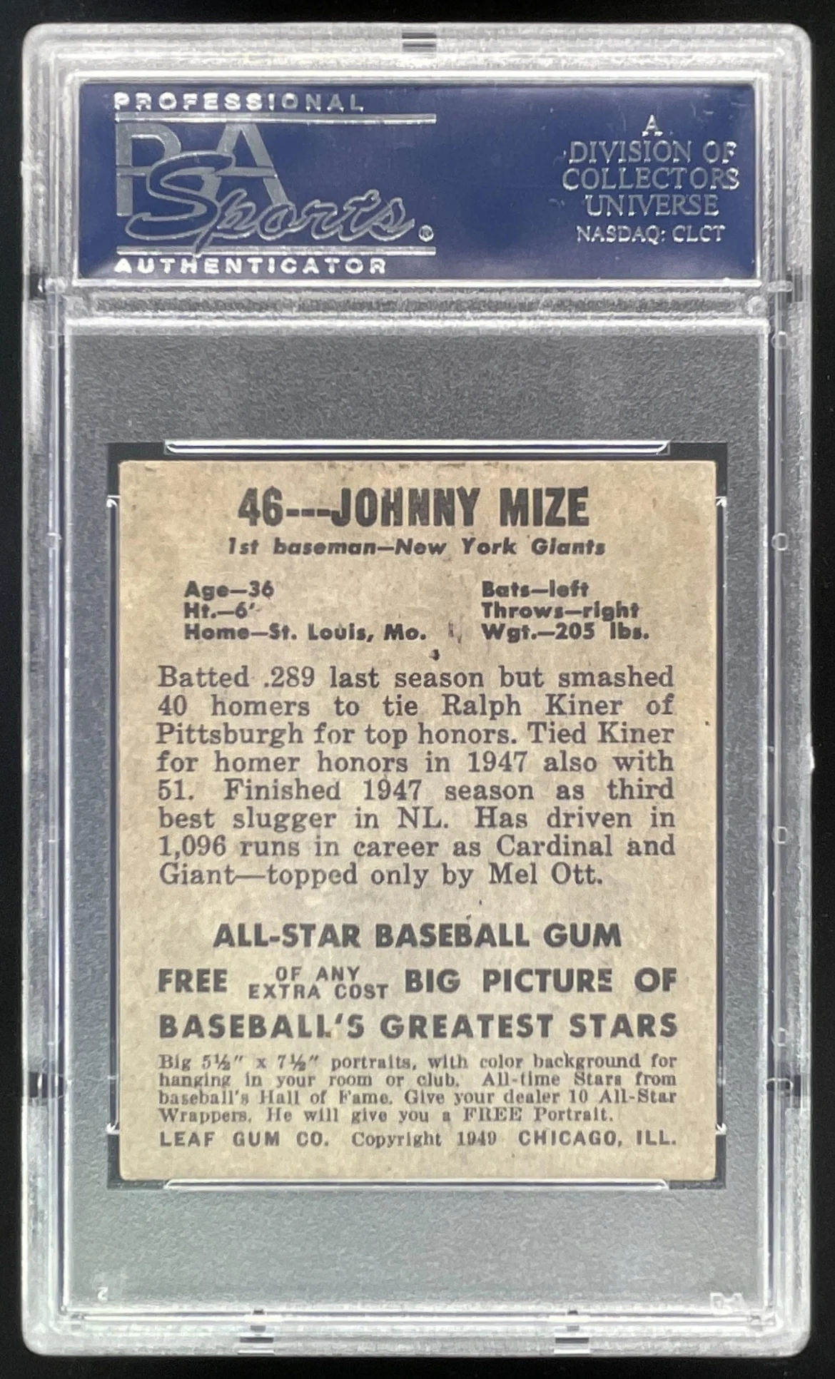 1948 Leaf #46 Johnny Mize RC PSA 4 - Image 2