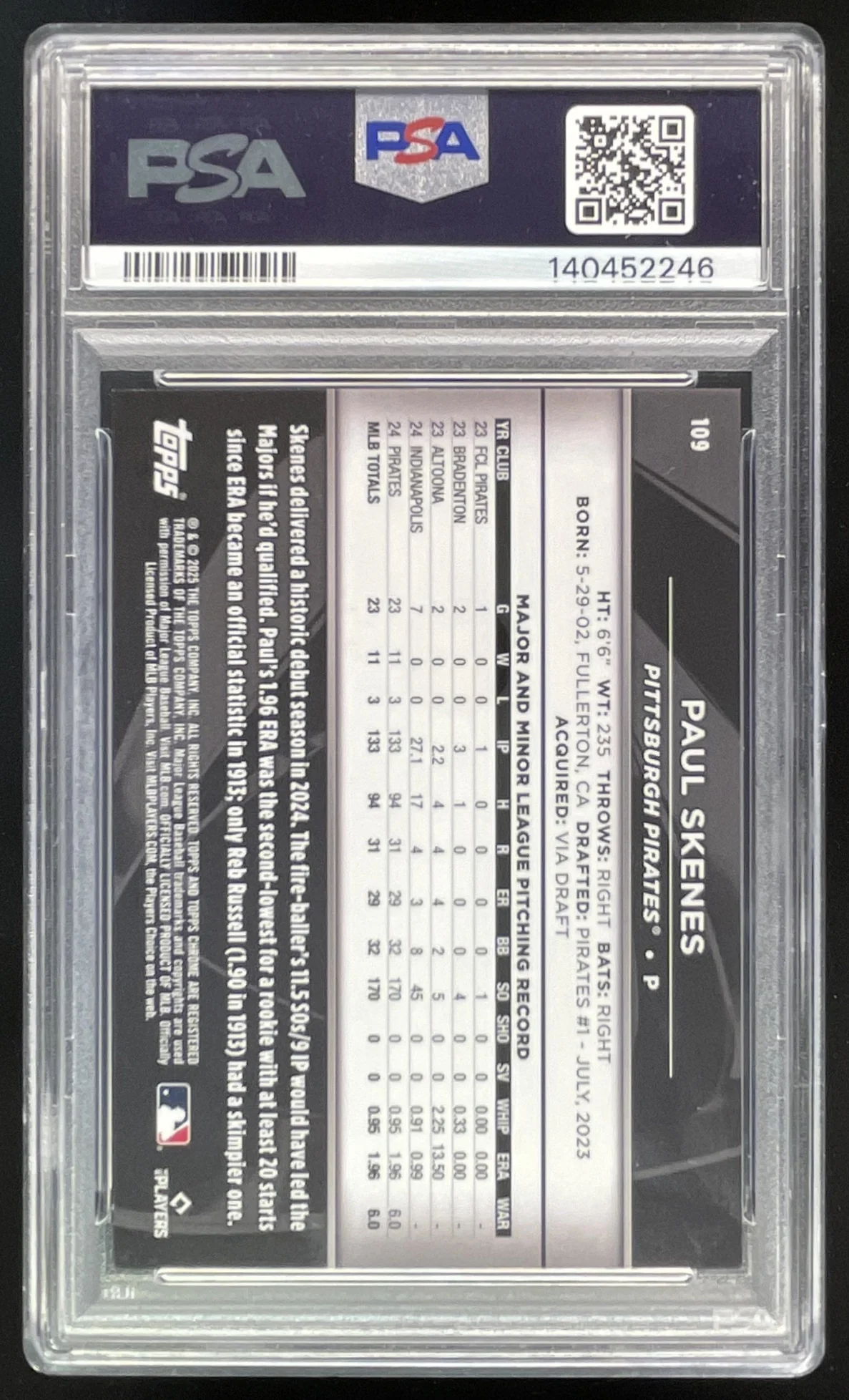 2025 Topps Chrome Black White Refractors #109 Paul Skenes /10 PSA 9 - Image 2