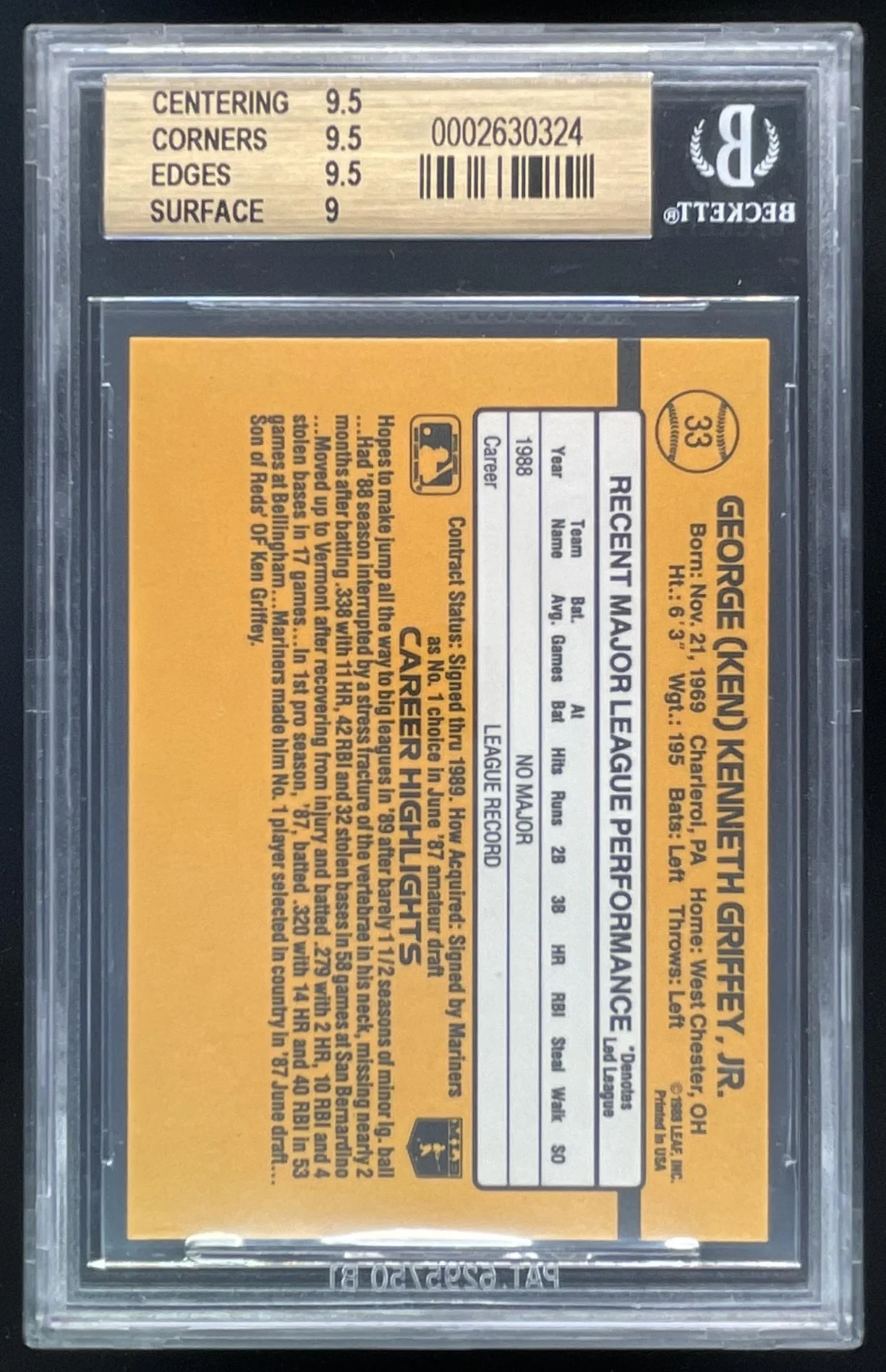 1989 Donruss #33 Ken Griffey Jr. RC Rated Rookie BGS 9.5 - Image 2