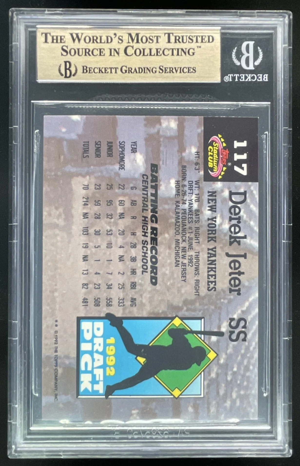 1993 Topps Stadium Club Murphy #117 Derek Jeter RC BGS 9.5 - Image 2