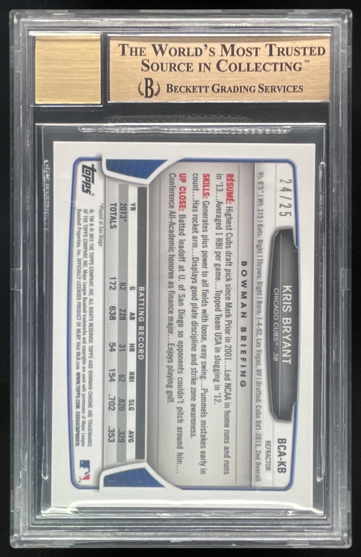 2013 Bowman Draft Picks Chrome Orange #BCA-KB Kris Bryant Auto /25 BGS 9.5 - Image 2