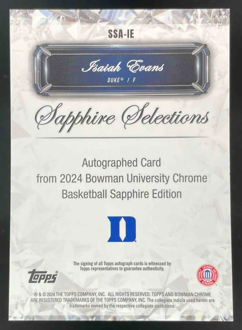2024-25 Bowman University Chrome Sapphire Selections #SSA-IE Isaiah Evans Auto - Image 2