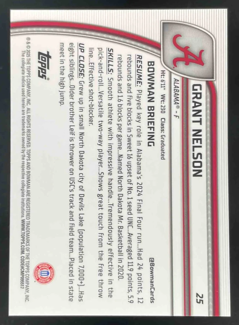 2024-25 Bowman University Chrome Black Refractor #25 Grant Nelson /10 - Image 2