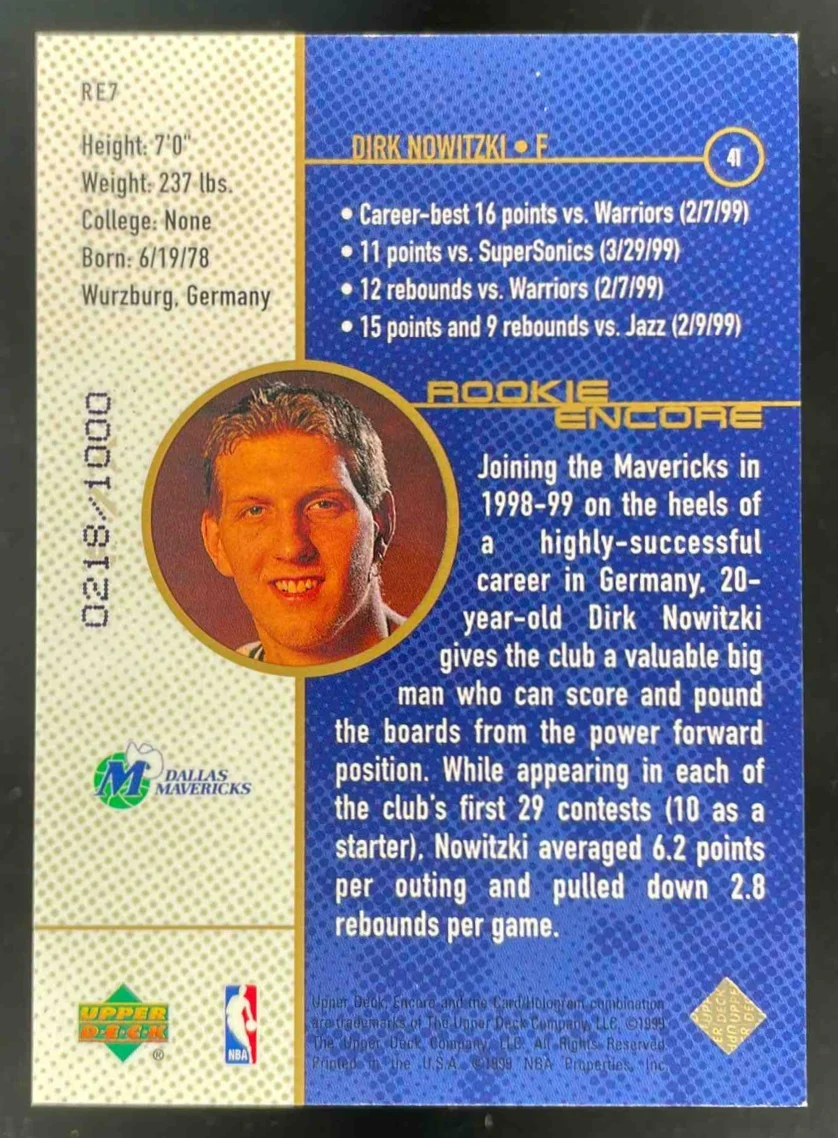 1998-99 Upper Deck Encore Rookie Encore F/X #RE7 Dirk Nowitzki RC /1000 - Image 2