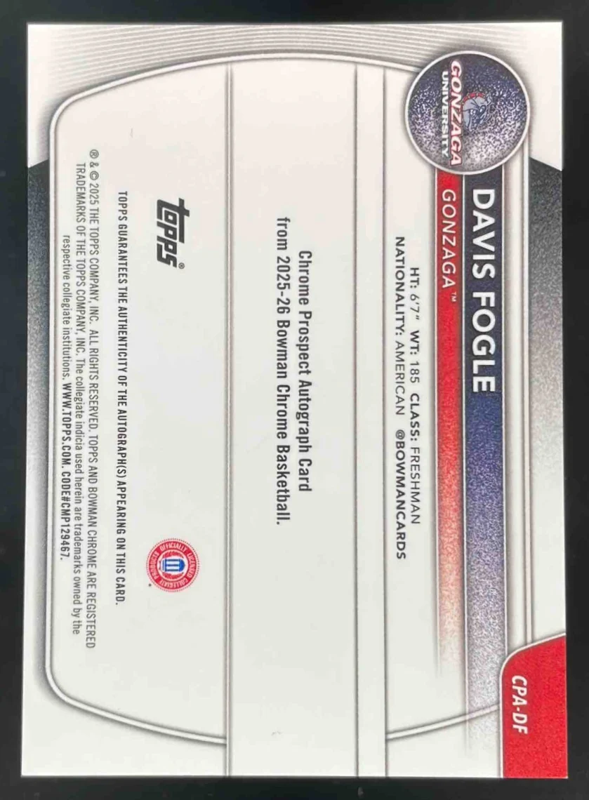 2025-26 Bowman Chrome Green Shimmer #CPA-DF Davis Fogle RC Auto /99 - Image 2