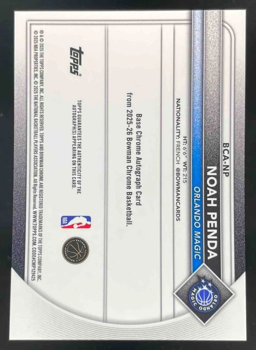 2025-26 Bowman Chrome Green Geometric #BCA-NP Noah Penda RC Auto /99 - Image 2