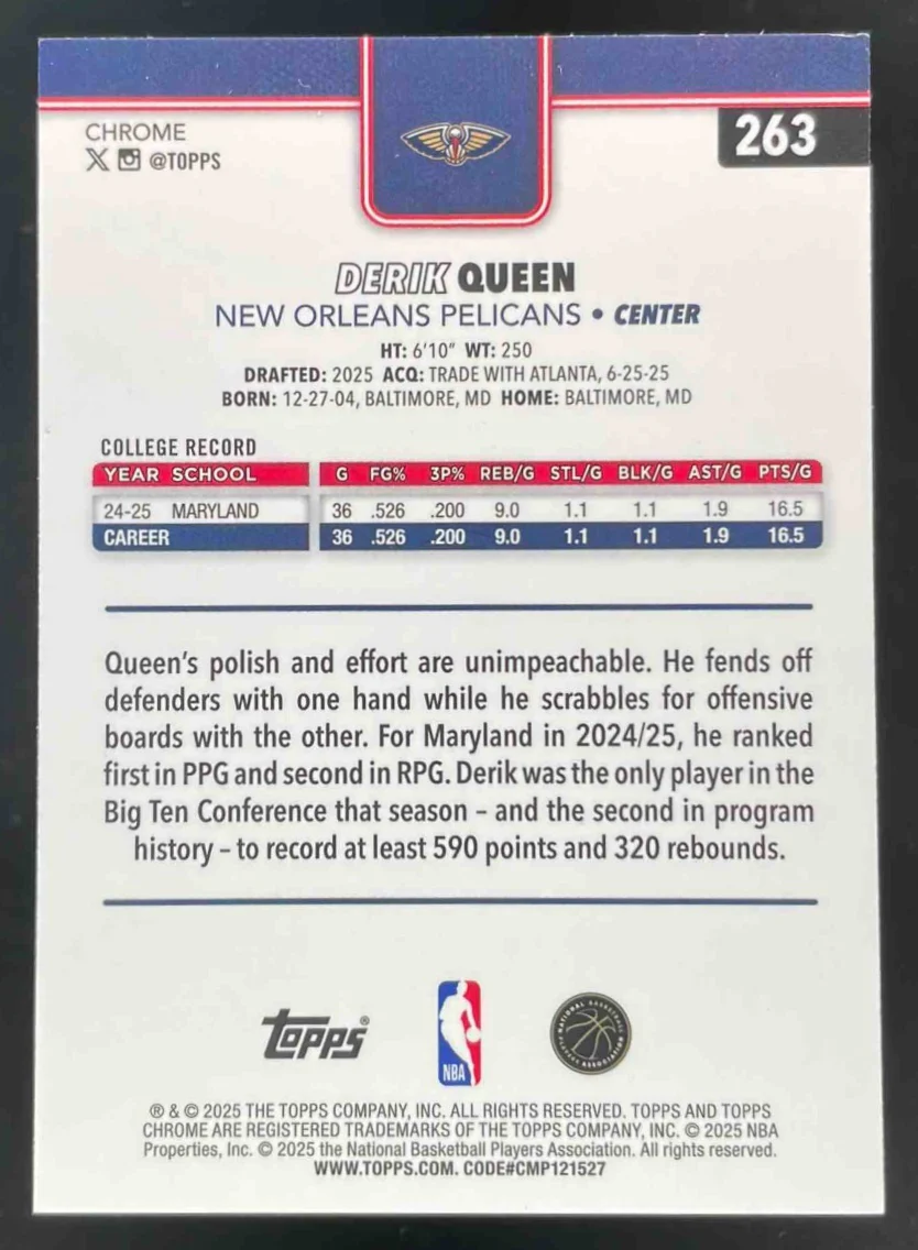 2025-26 Topps Chrome Yellow Basketball Refractor #263 Derik Queen RC /275 - Image 2