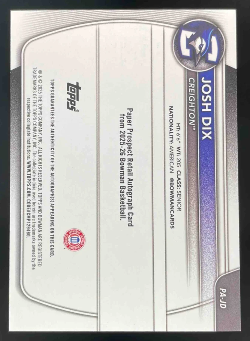 2025-26 Bowman Paper Prospect Retail Gold Border #PA-JD Josh Dix RC Auto /50 - Image 2