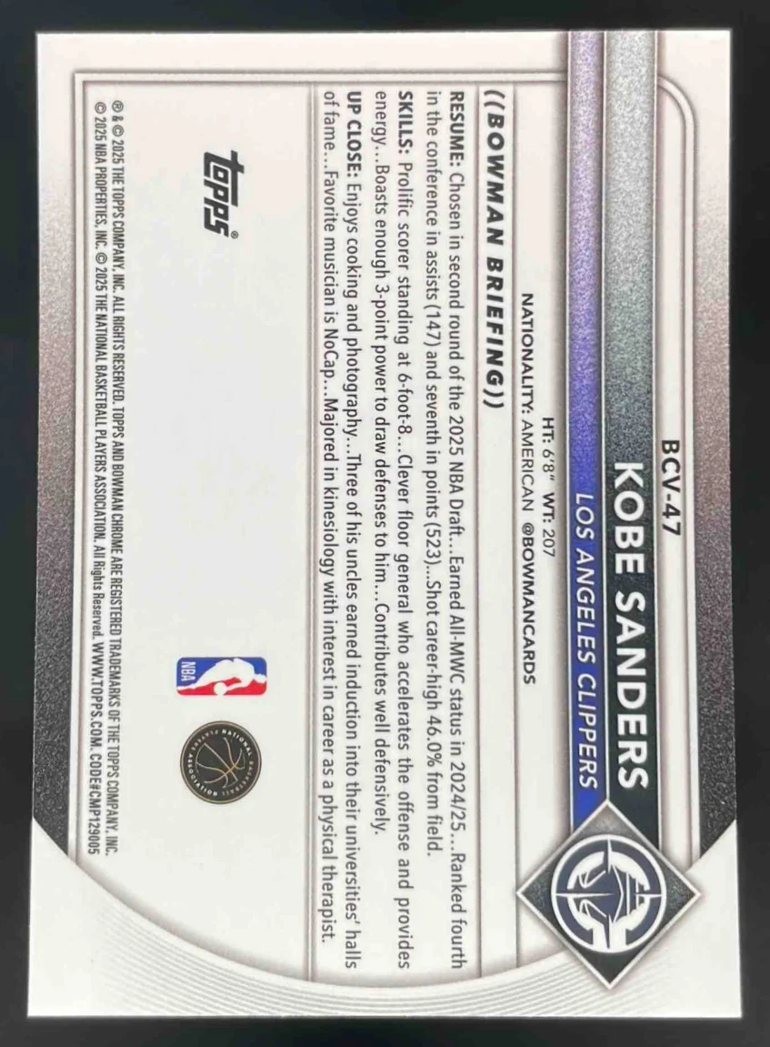 2025-26 Bowman Chrome Reptilian Green Refractor #BCV-47 Kobe Sanders RC /99 - Image 2