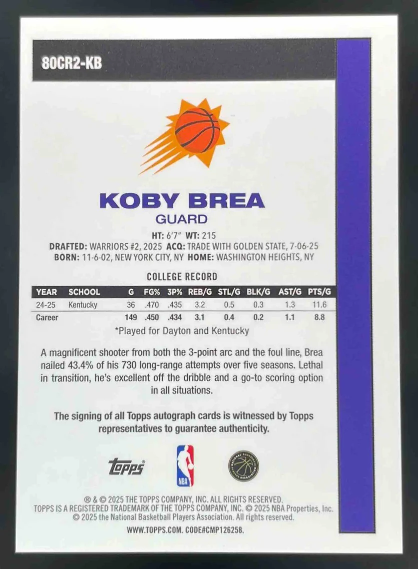 2025-26 Topps 1980-81 Topps Chrome Orange Mojo #80CR2-KB Koby Brea RC Auto /25 - Image 2