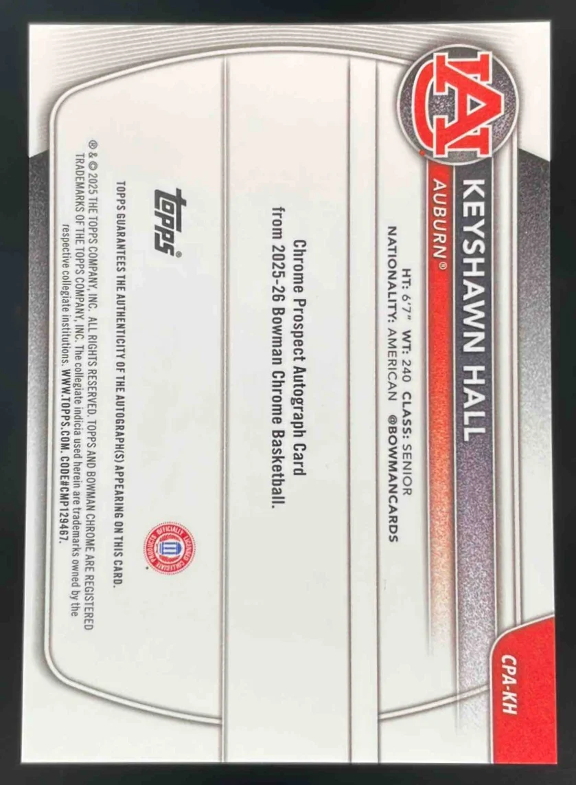 2025-26 Bowman Chrome Blue X-Fractor #CPA-KH Keyshawn Hall RC Auto /150 - Image 2