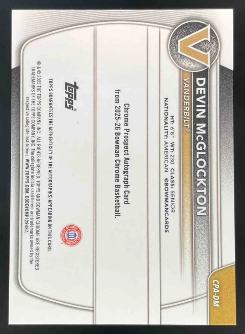 2025-26 Bowman Chrome Green Shimmer #CPA-DM Devin McGlockton RC Auto /99 - Image 2