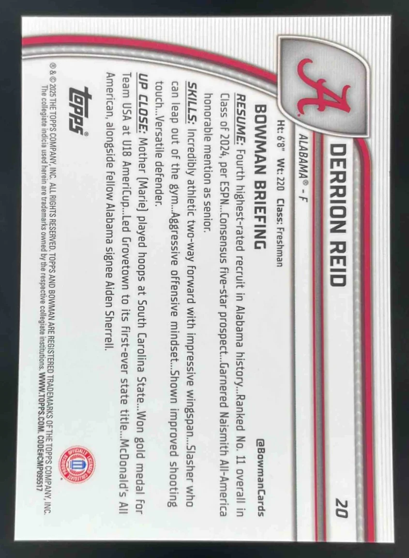 2024-25 Bowman University Chrome Sapphire Red Refractor #20 Derrion Reid /5 - Image 2