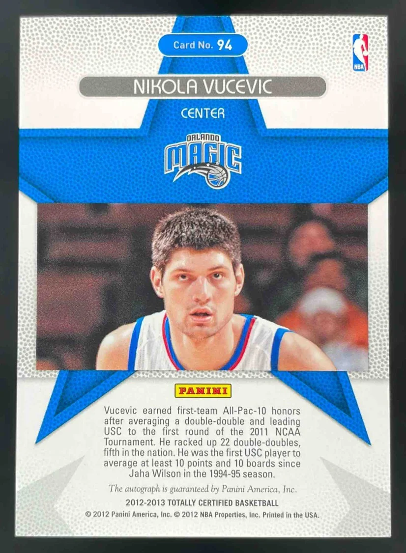 2012-13 Totally Certified Roll Call Blue #94 Nikola Vucevic RC Auto /199 - Image 2