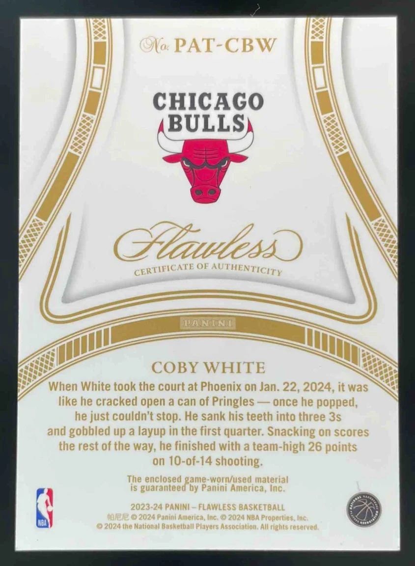 2023-24 Panini Flawless Patches Gold #PAT-CBW Coby White /10 jsy - Image 2