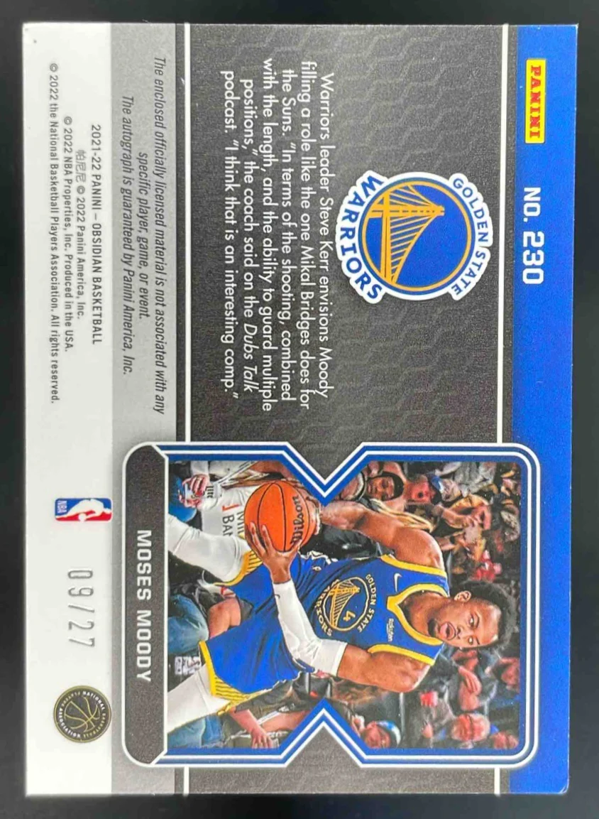 2021-22 Obsidian Electric Etch Blue Flood #230 Moses Moody RC Auto /27 - Image 2