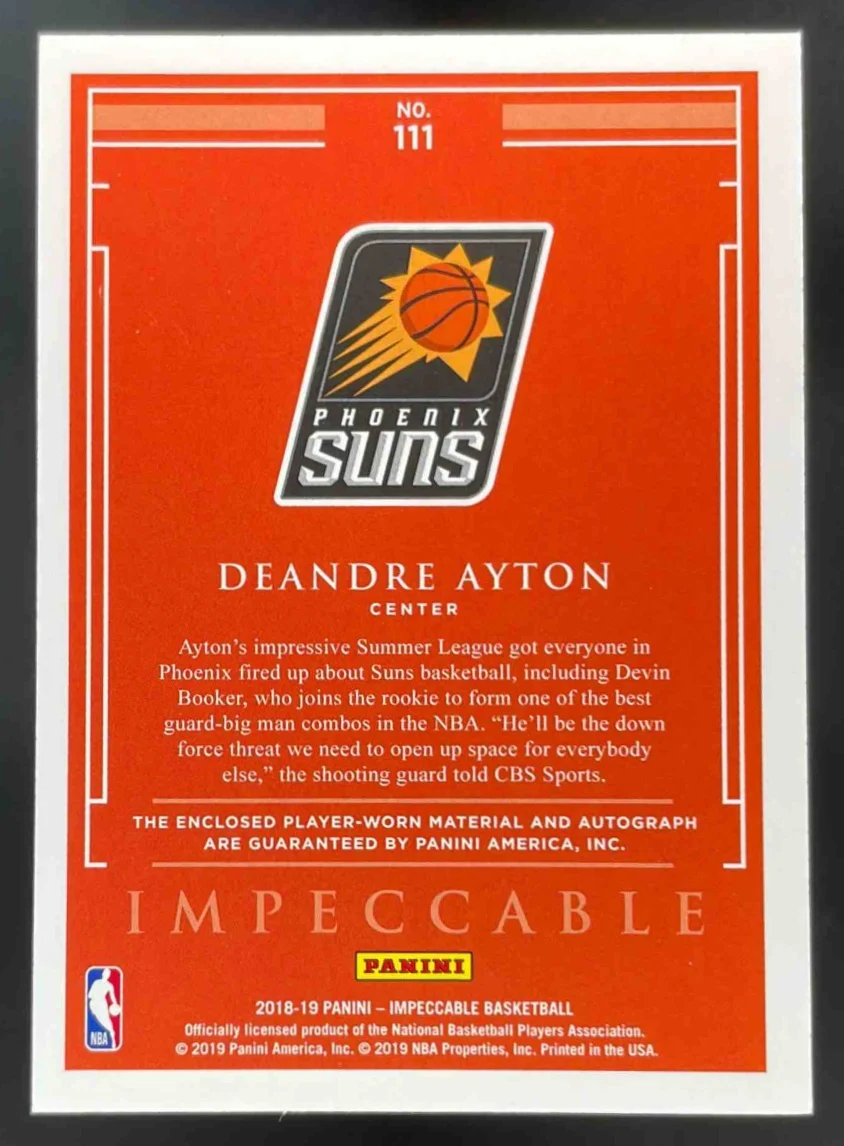 2018-19 Panini Impeccable #111 Deandre Ayton RC Auto /99 jsy - Image 2