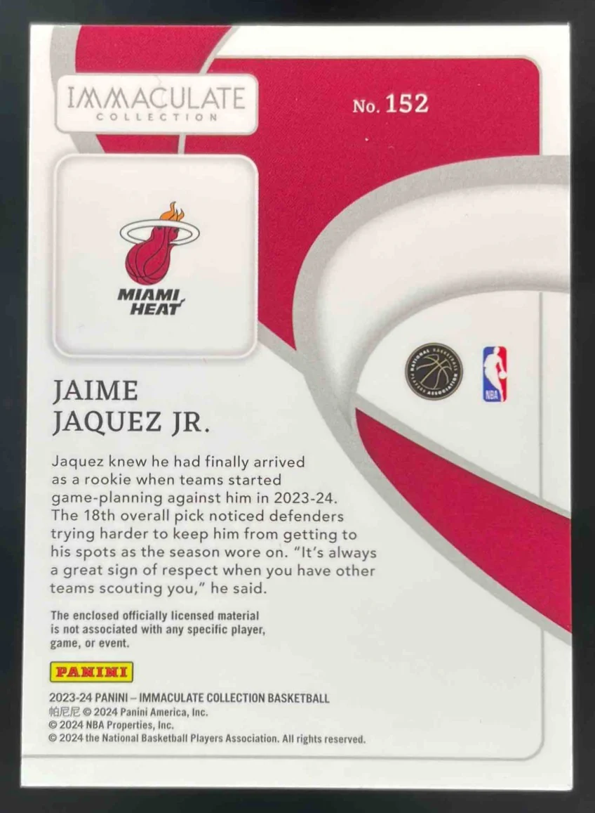 2023-24 Panini Immaculate Rookies Patches #152 Jaime Jaquez Jr./99 jsy - Image 2