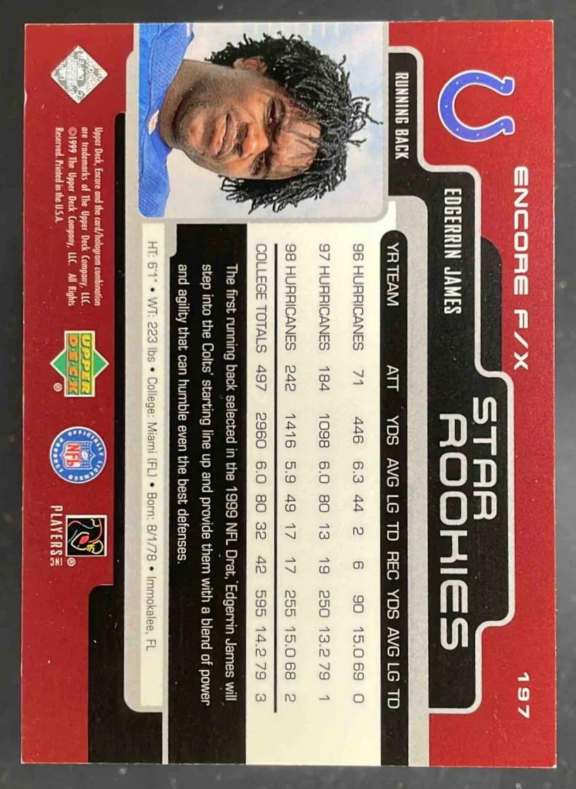 1999 Upper Deck Encore F/X #197 Edgerrin James RC /100 - Image 2