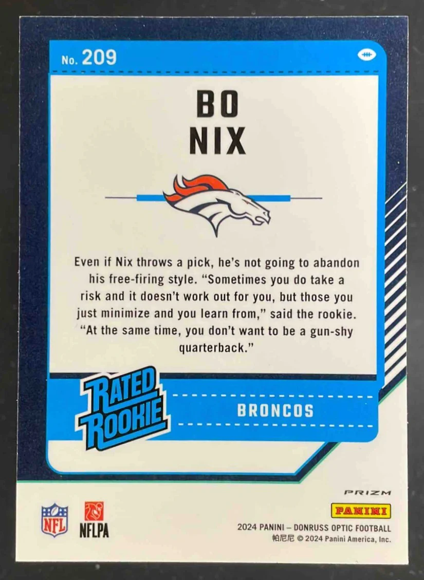 2024 Panini Donruss Optic Green Hyper #209 Bo Nix Rated Rookie - Image 2