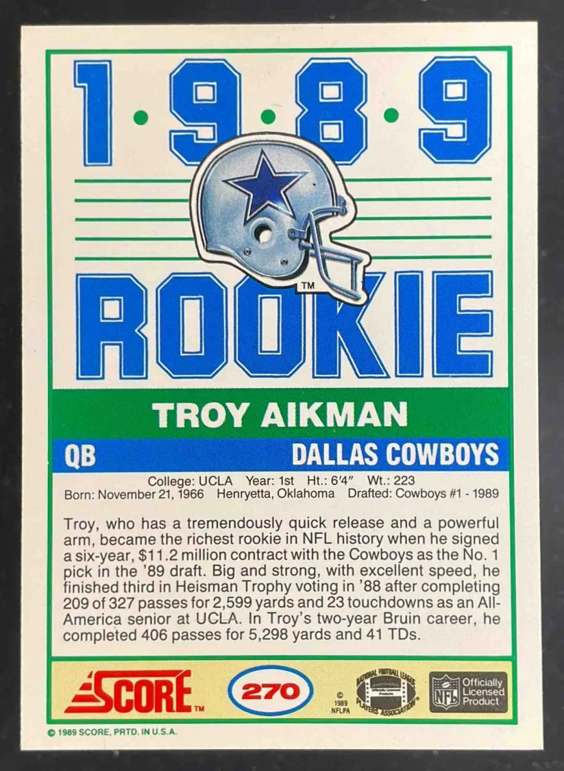 1989 Score #270 Troy Aikman RC - Image 2