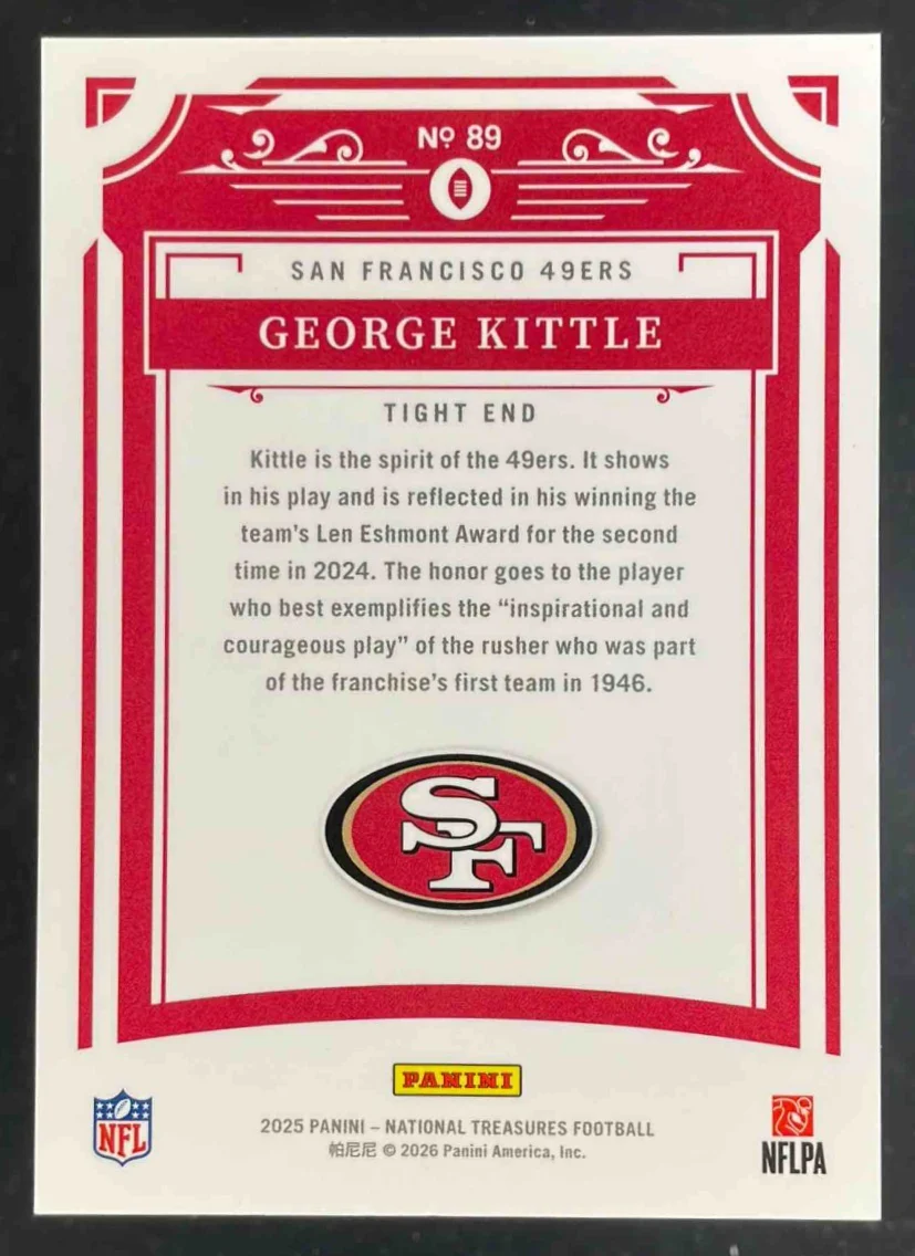 2025 Panini National Treasures Jersey Number Red #89 George Kittle /85 - Image 2