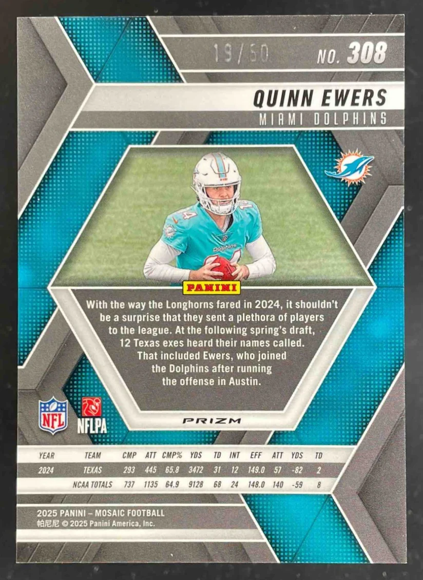 2025 Panini Mosaic Rookies No Huddle Purple Prizm #308 Quinn Ewers RC /50 - Image 2
