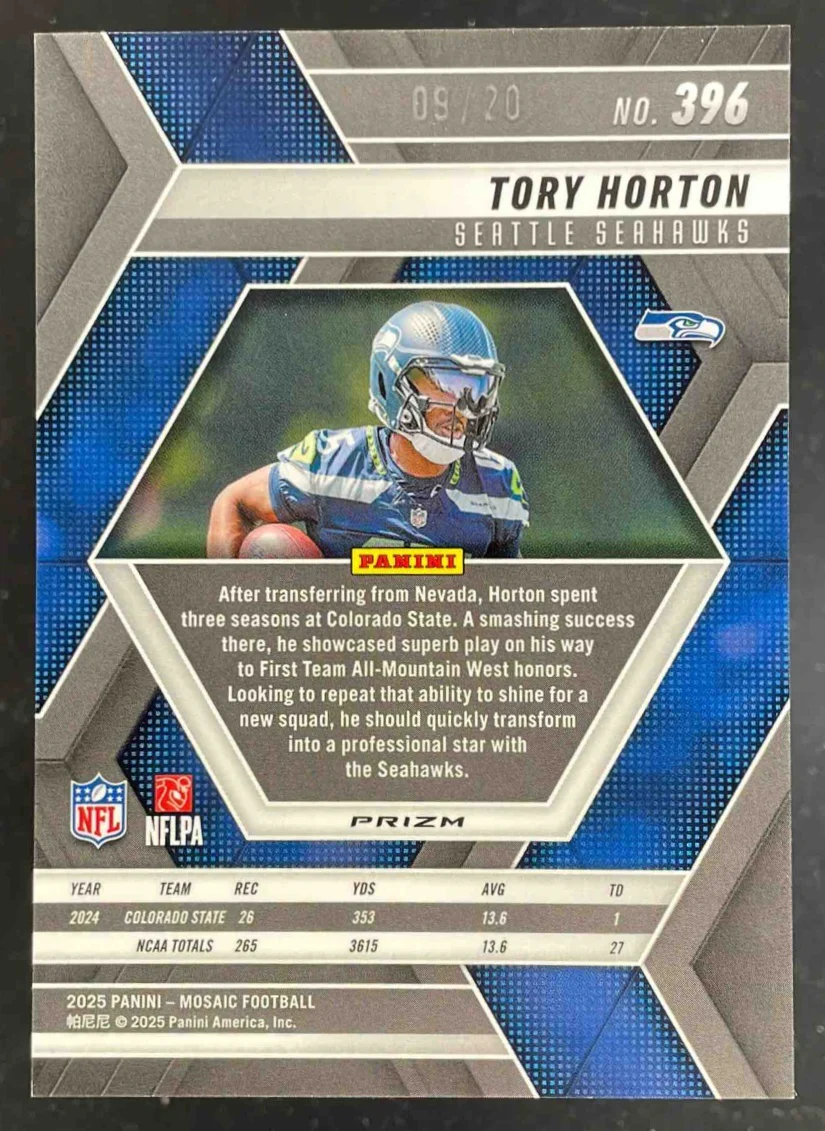 2025 Panini Mosaic Rookies No Huddle Pink Prizm #396 Tory Horton RC /20 - Image 2