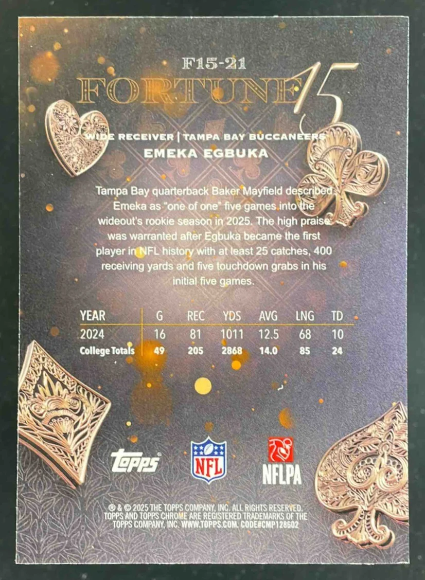 2025 Topps Chrome Fortune 15 Yellow Refractor #F15-21 Emeka Egbuka RC /275 - Image 2