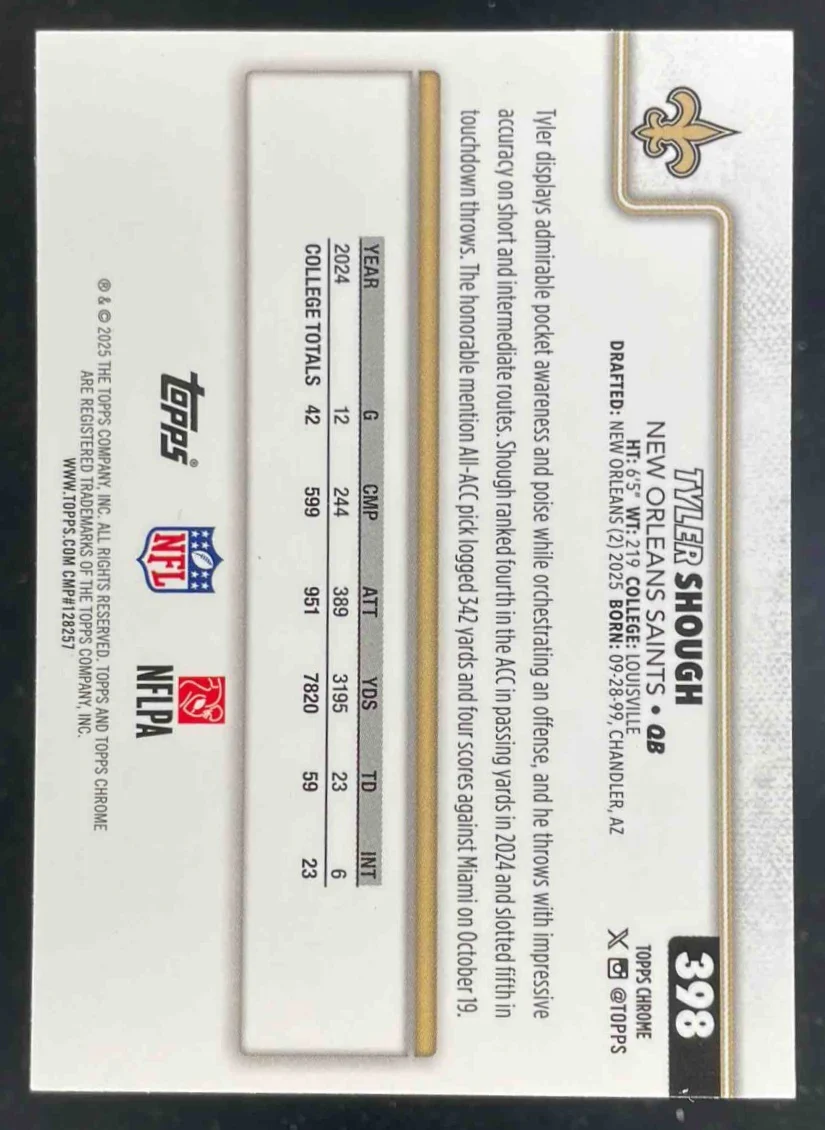 2025 Topps Chrome Rookie Prism Refractor #398 Tyler Shough RC - Image 2