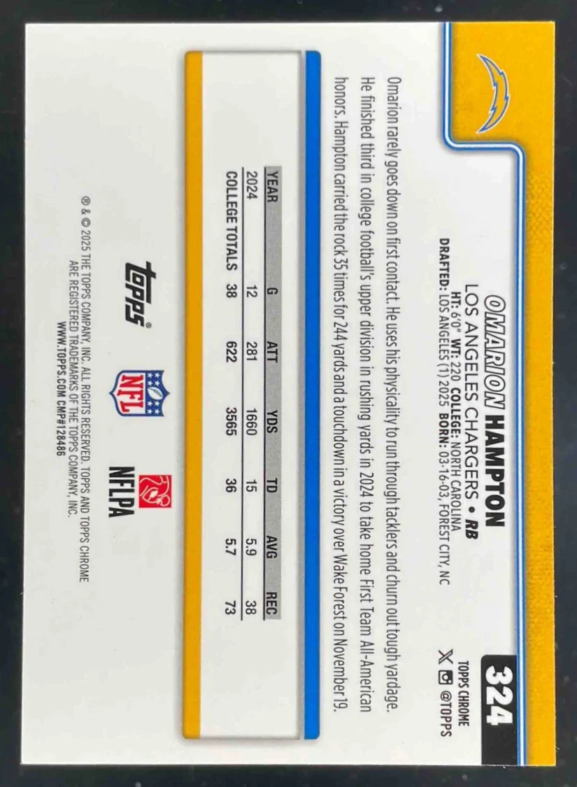 2025 Topps Chrome Rookie Image Variation #324 Omarion Hampton SP RC - Image 2