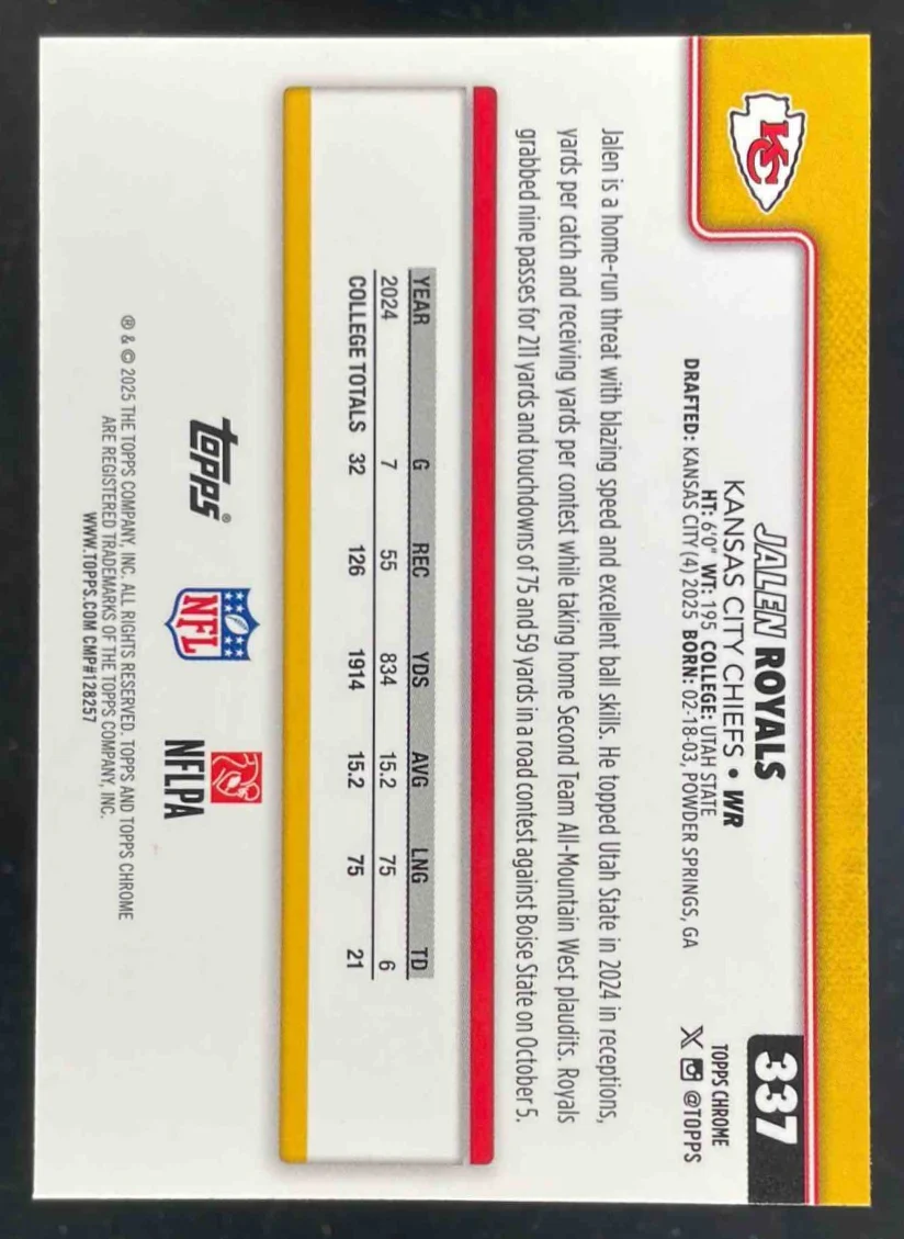 2025 Topps Chrome Rookie Neon Pulse Refractor #337 Jalen Royals RC - Image 2