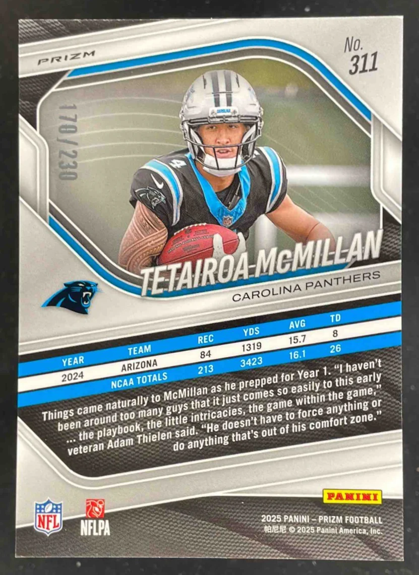 2025 Panini Prizm Blue Wave Prizm #311 Tetairoa McMillan RC /230 - Image 2