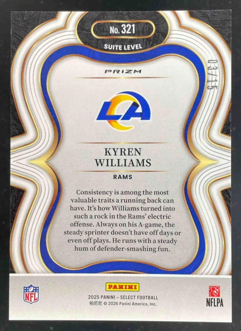2025 Panini Select Suite Level Pink Glitter Prizm #321 Kyren Williams /15 - Image 2