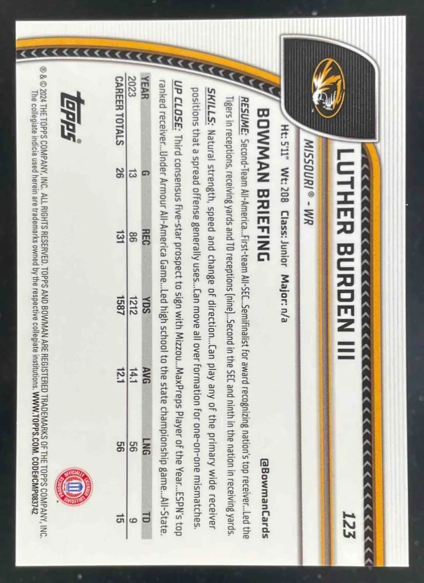 2024 Bowman Chrome University Sapphire Chrome Orange #123 Luther Burden III /25 - Image 2