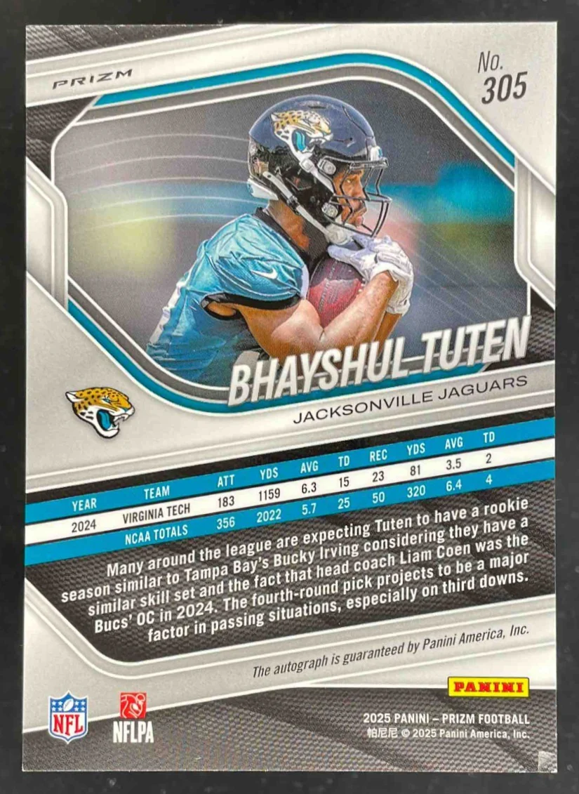 2025 Panini Prizm Rookie Autographs No Huddle Prizm #305 Bhayshul Tuten RC Auto - Image 2