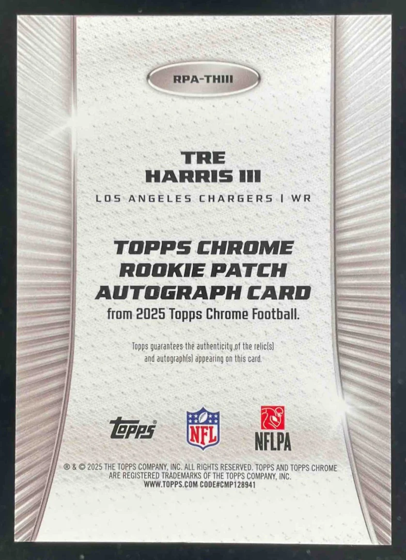 2025 Topps Chrome Rookie Patch Autograph #RPA-THIII Tre Harris III RC Auto - Image 2