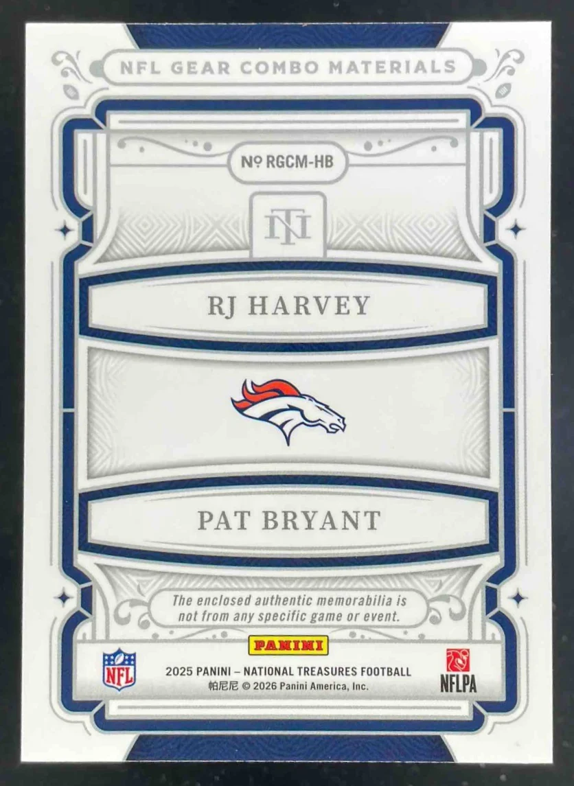 2025 National Treasures NFL Gear Combo Materials RJ Harvey Pat Bryant RC /49 - Image 2
