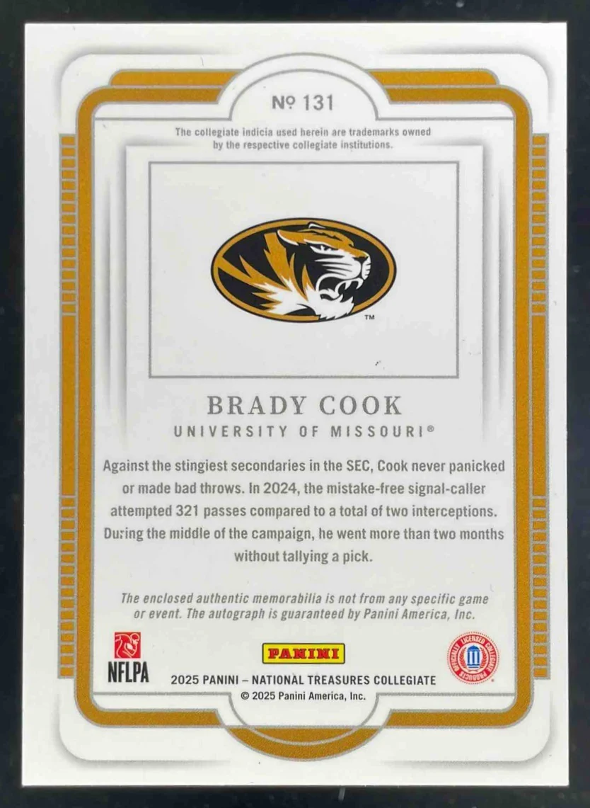 2025 National Treasures Collegiate Silhouettes Purple #131 Brady Cook Auto /25 - Image 2