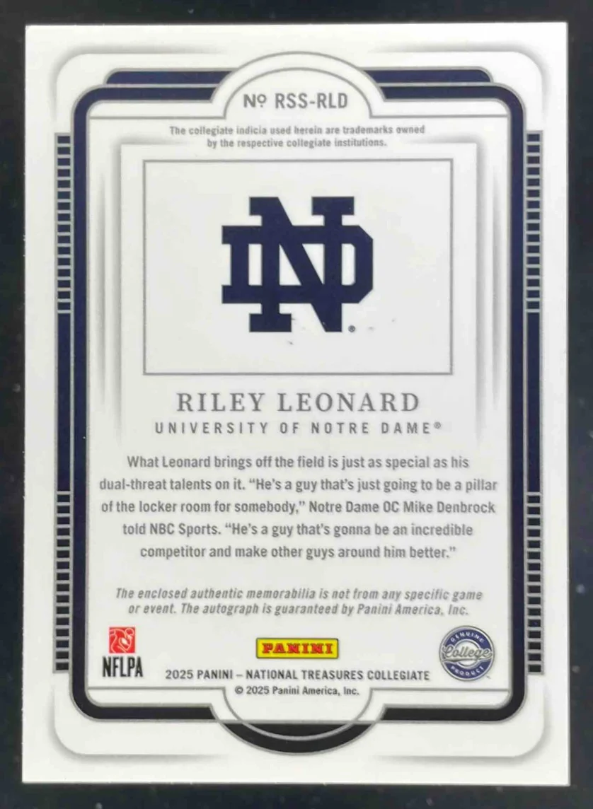 2025 National Treasures Collegiate Silhouettes Blue #RS-RLD Riley Leonard RC /75 - Image 2