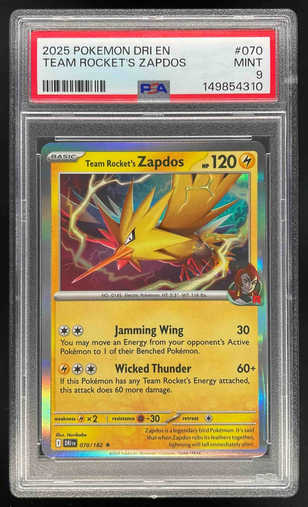 2025 Pokemon Destined Rivals Promos #070 Team Rocket's Zapdos Cosmos Holo PSA 9