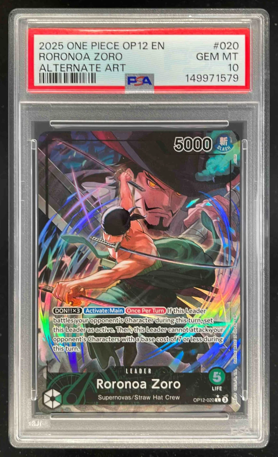 2025 One Piece OP12 EN #020 Roronoa Zoro Alternate Art PSA 10