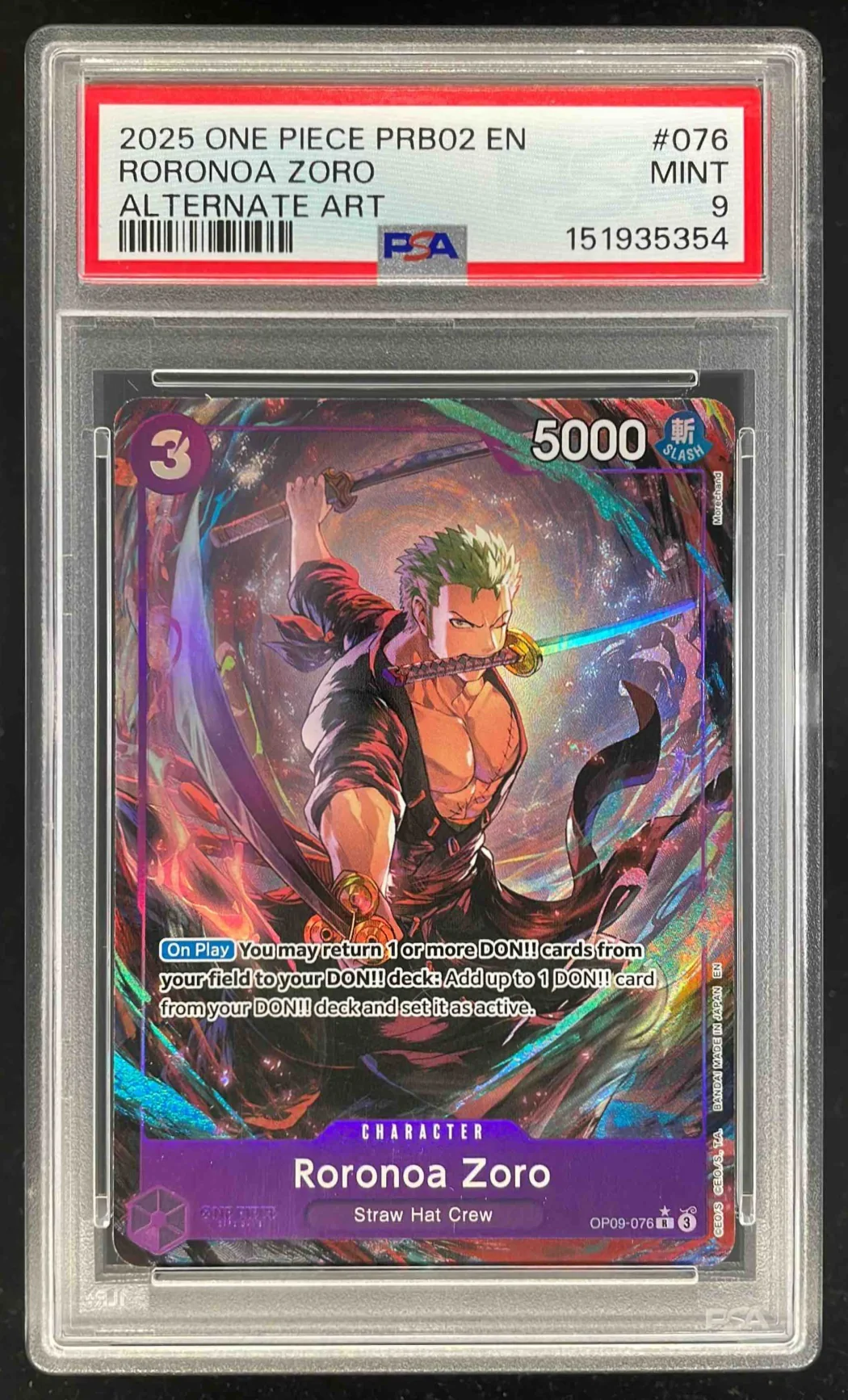 2025 One Piece PRB02 EN #076 Roronoa Zoro Alternate Art PSA 9