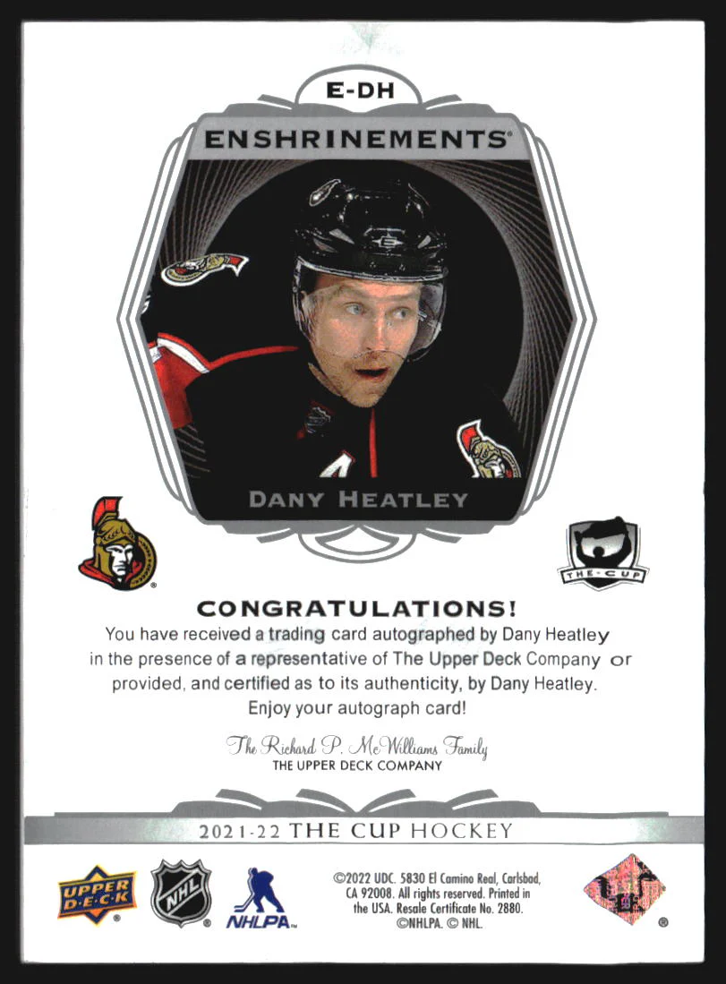 2021-22 The Cup Enshrinements #EDH Dany Heatley Autograph Auto /99 - Image 2