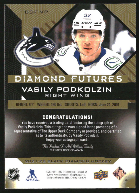2021-22 Black Diamond Diamond Futures Auto Vasily Podkolzin /99 - Image 2