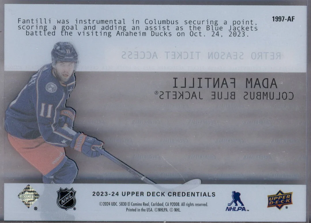 2023 Upper Deck Credentials '97 Season Ticket Acetate Rookies Adam Fantilli RC - Image 2