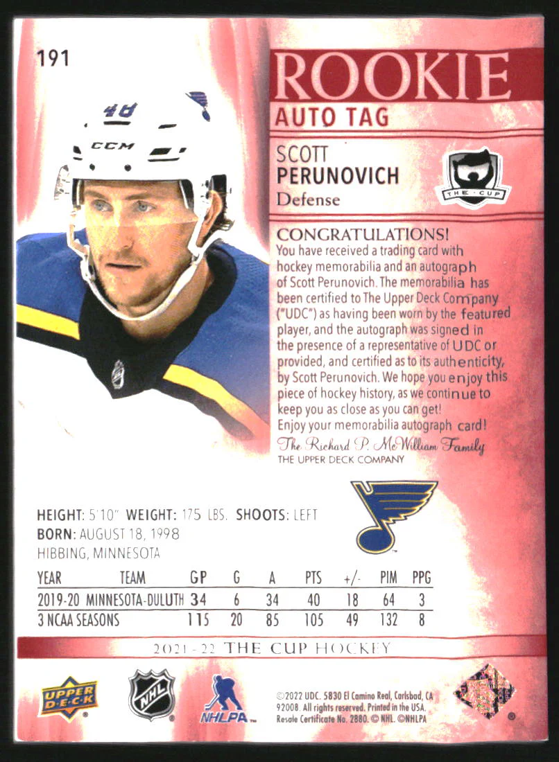 2021-22 The Cup Red #191 Scott Perunovich Rookie Autograph Tag RC Auto /4 - Image 2