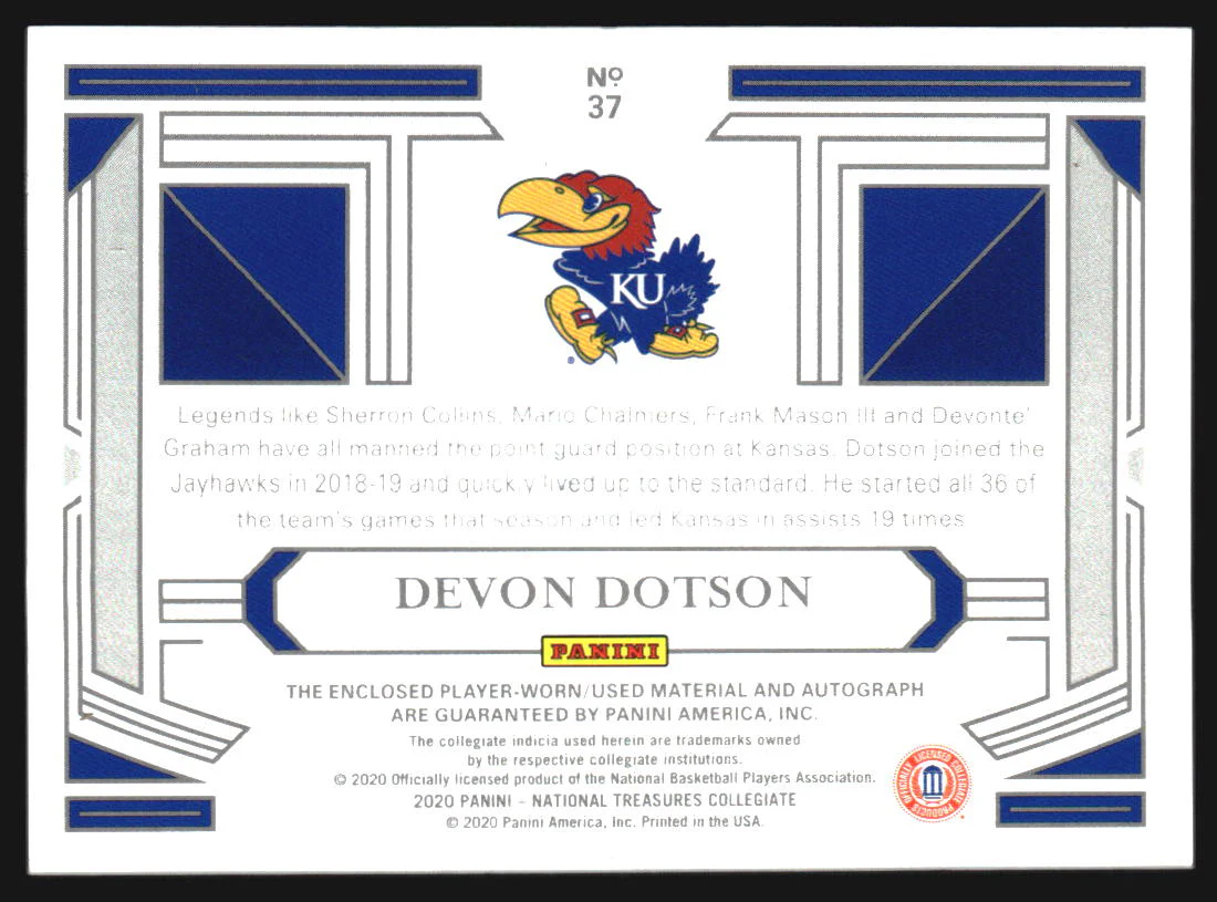 2020 National Treasure Collegiate College Material Auto Gold Devon Dotson RC /10 - Image 2