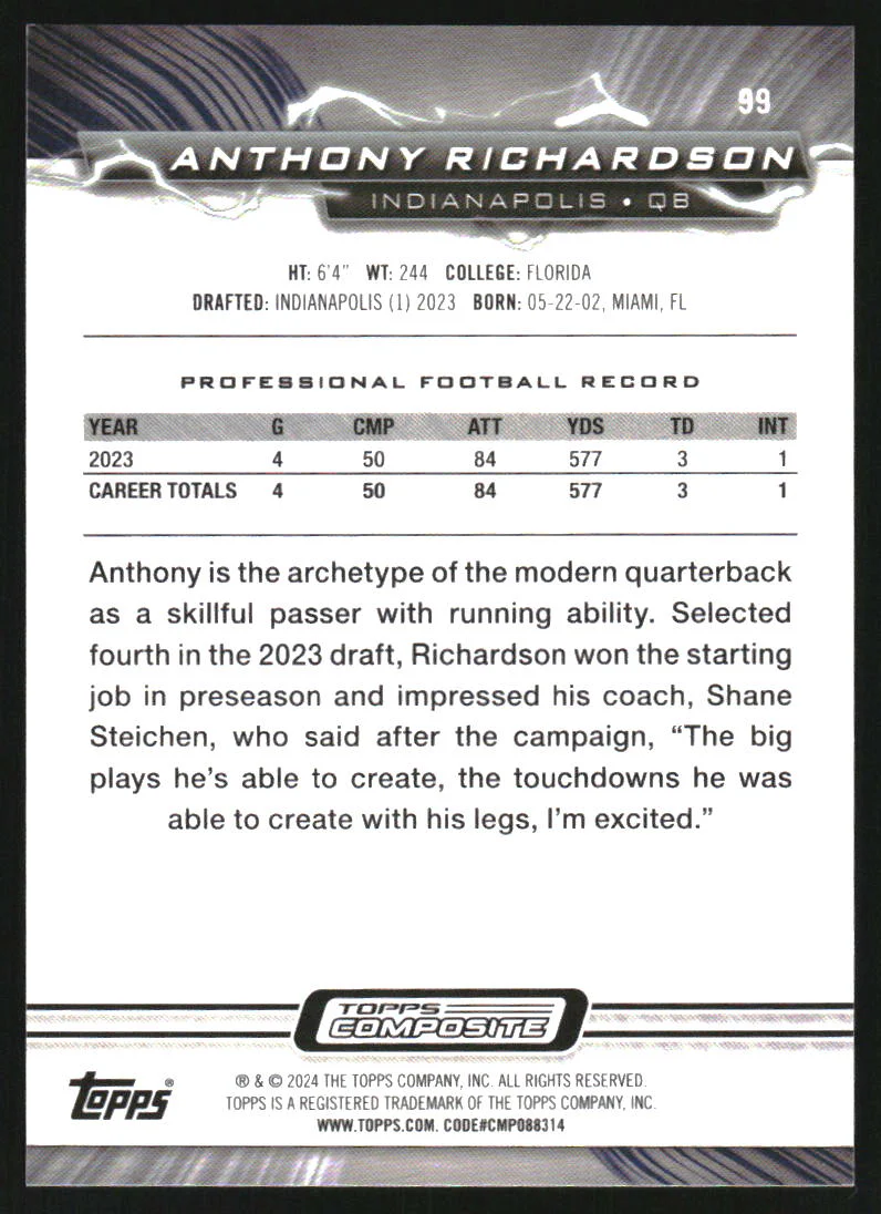 2023 Topps Composite Resurgence Ruby Surge #99 Anthony Richardson RC /199 - Image 2